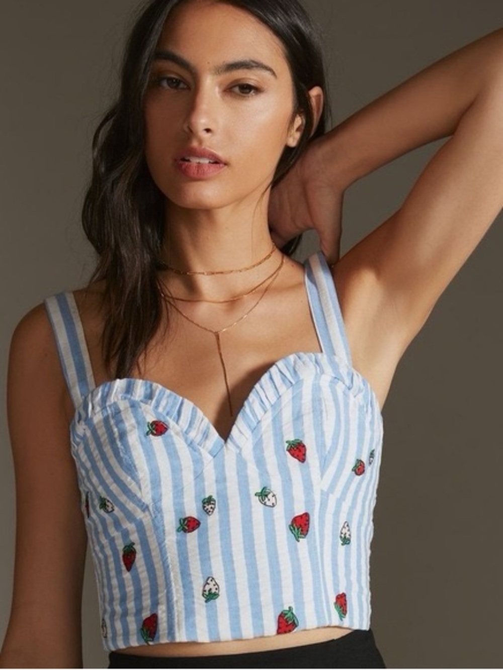 Anthropologie Maeve Strawberry Embroidered Striped Bustier Top Size 8